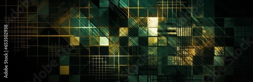 Abstract green and gold background for design with lines and squares, 3d effect, Web banner, Wide, Panoramic, Texture, Geometric shape, Business
