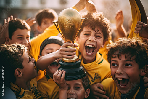 Portrait of active children holding trophies in sport day at school playground park background. People and sport education concept.