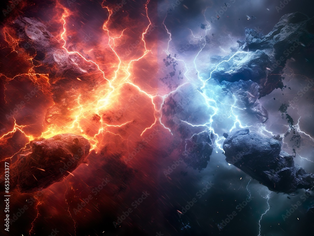 Fototapeta premium Powerful colored lightnings and the flash from the collision | Generative AI