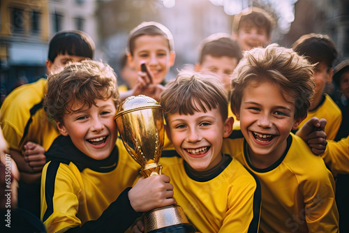 Portrait of active children holding trophies in sport day at school playground park background. People and sport education concept.