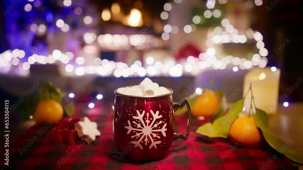 Cinematic shot on RED camera cup of hot chocolate with marshmallows, gingerbread cookies and mandarins on red plaid napkin with Christmas lights and burning fireplace on blurred background 4K winter