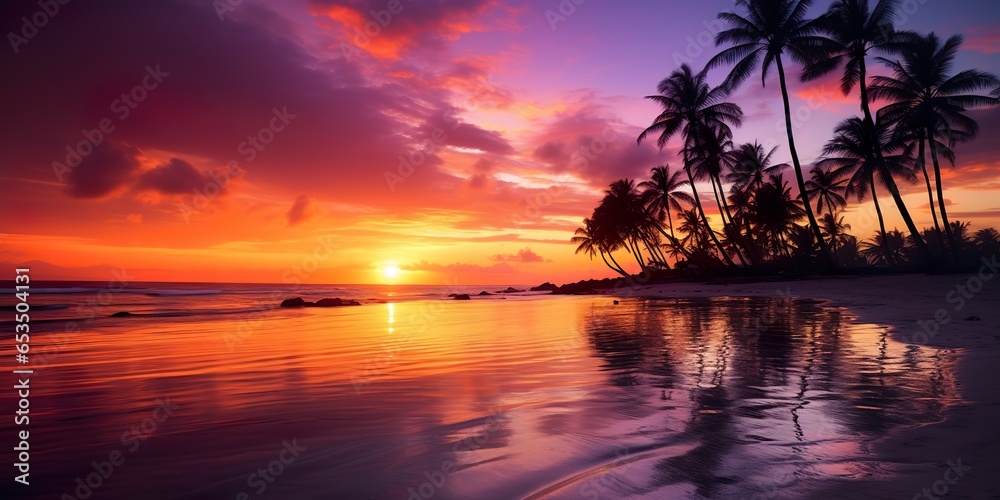 Gorgeous tropical sunset over beach with palm tree silhouettes Perfect for summer travel and vacation | Generative AI