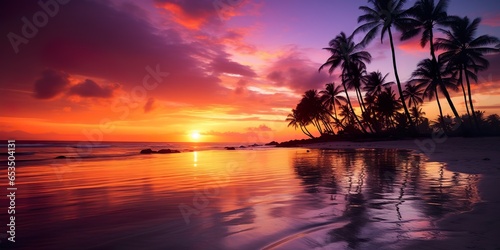 Gorgeous tropical sunset over beach with palm tree silhouettes Perfect for summer travel and vacation | Generative AI