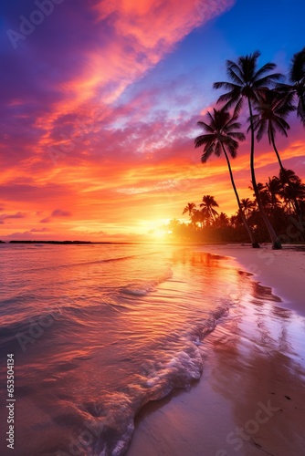 Gorgeous tropical sunset over beach with palm tree silhouettes Perfect for summer travel and vacation   Generative AI © Kay