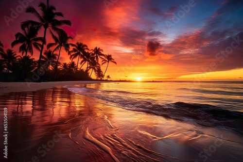 Gorgeous tropical sunset over beach with palm tree silhouettes Perfect for summer travel and vacation | Generative AI