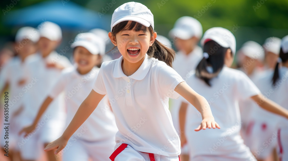 Obraz premium 運動会で楽しそうに走ったり踊る子どもたち