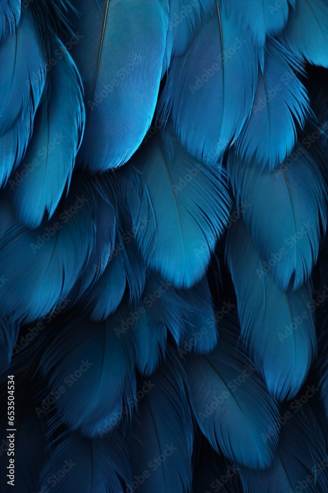 Fototapeta premium Macro of Blue Feathers Texture as Background. Swan Feather. Dark Blue Feather Vintage Backdrop | Generative AI