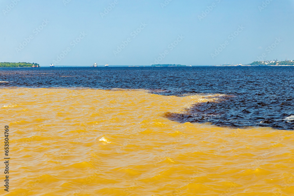 Scenic view of two rivers Negro and Amazon meeting in Manaus Brazil
