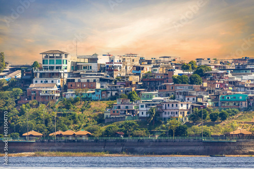 Colorful coastline view of old buildings in Manaus Brazil photo