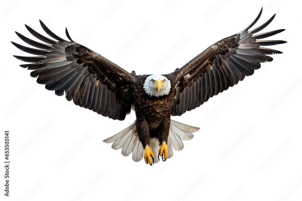 Naklejka premium a beautiful American Eagle flying full body on a white background studio shot