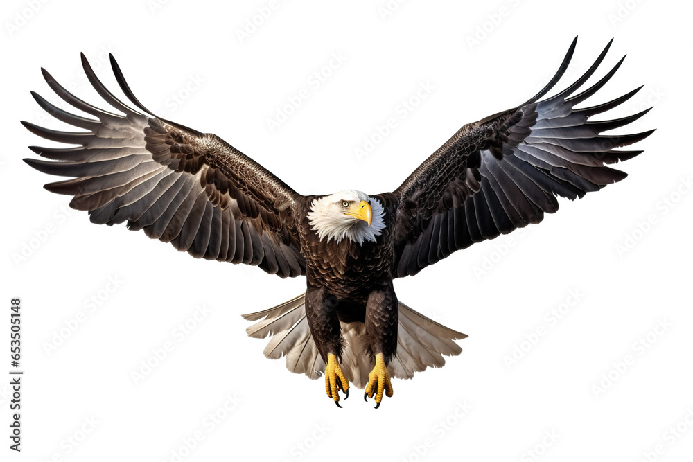 Naklejka premium a beautiful American Eagle flying full body on a white background studio shot