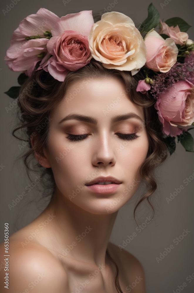 A Beautiful Woman with Brown Curly Hair and Flowers On A Gray Background