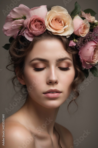 A Beautiful Woman with Brown Curly Hair and Flowers On A Gray Background