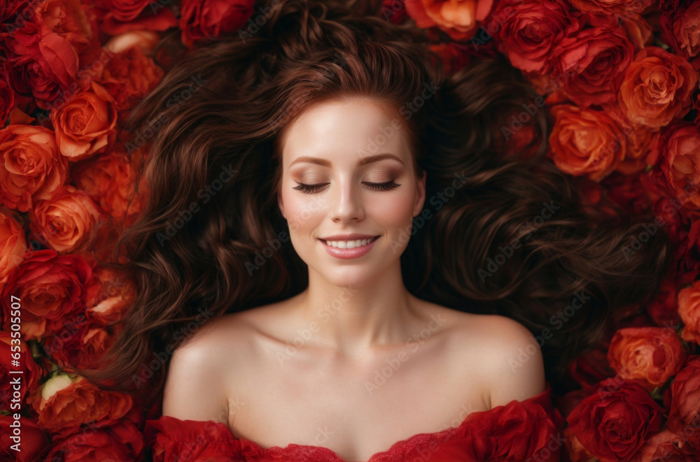  A Beautiful Woman with Red Hair On A Flower Background 