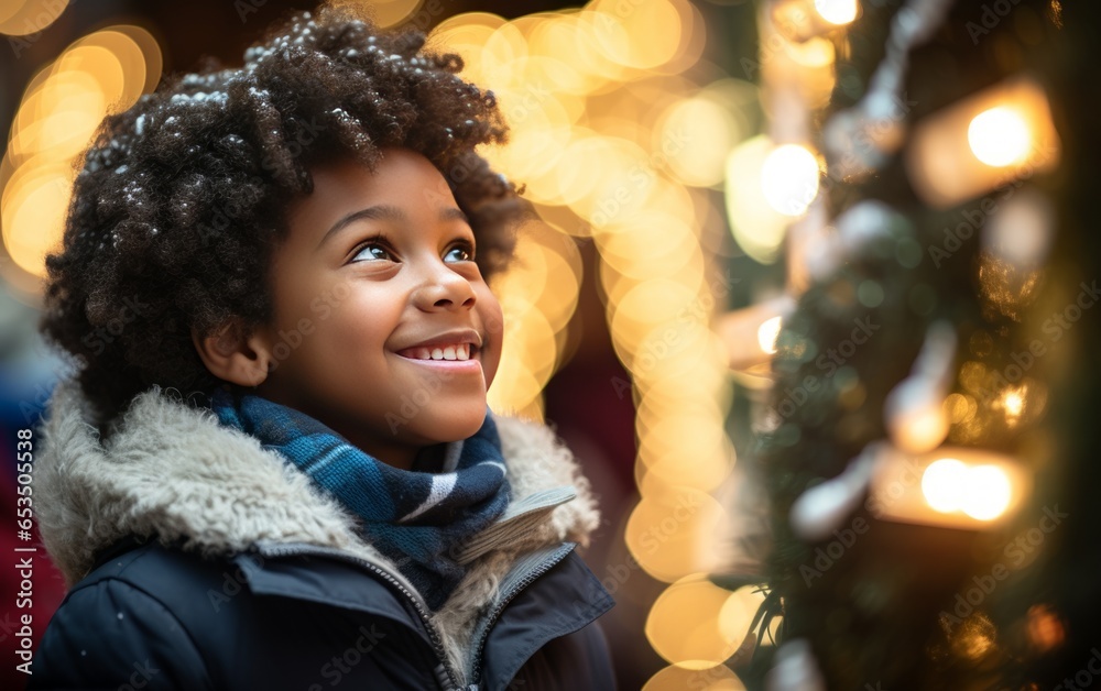 A smiling black boy child at a Christmas market looking at christmas