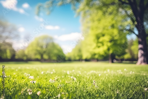 Fototapeta Naklejka Na Ścianę i Meble -  Beautiful blurred background image of spring nature with a neatly trimmed lawn surrounded by trees against a blue sky with clouds on a bright sunny day