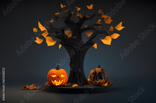 halloween tree on podium with pumpins, dark background, paper art style ai generated background photo