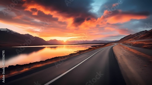 Tranquil Sunrise over Reflective Lake. Tranquil dawn over lake, reflecting dramatic sky and tranquil nature. road and like in sunrise. © Sri