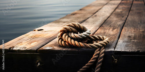 brown rope on brown wooden surface close up of boat cleat on dock with tied line braided rope in wooden Close up of worn out thick mooring rope Ai Generative