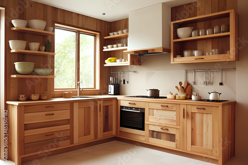 Kitchen interior in eco style and furniture made of natural wood. Open storage on shelves, natural materials in interior design. Modern kitchen interior