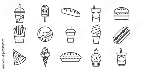 Simple Set of Fast Food Related Vector Line Icons. Contains such Icons as junk food, Fast food line icon set. Burger sandwich pizza hot dog cola coffee sweets,  Linear style of fast food icon,