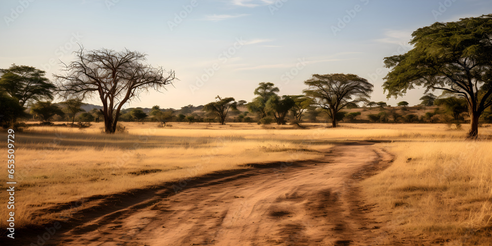 sunset in the countryside. Path in a savanna. Ground view angle.