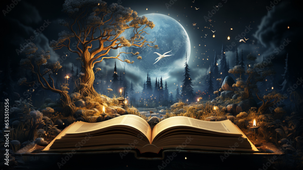 Magical open book with an astounding story telling background - obrazy, fototapety, plakaty 
