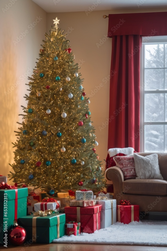 A christmas tree in a living room with presents on christmas morning during a snowstorm 