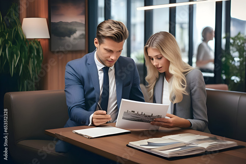 Business couple reviewing a folder in their office. Generated AI. photo