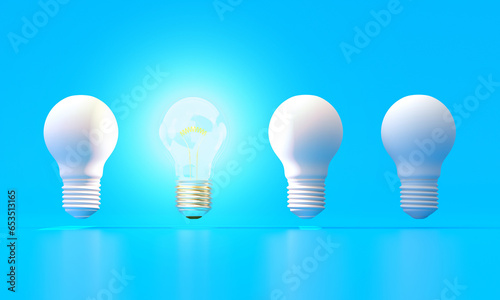 3d illustration of bright blub outstanding from white bulb on blue background.