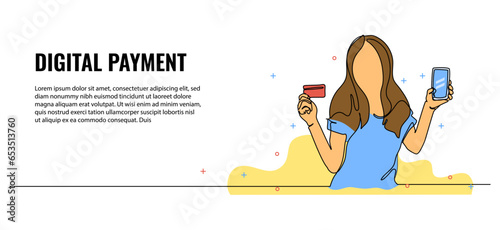 Vector illustration of female model holding a cell phone and a debit card. Modern flat in continuous line style.