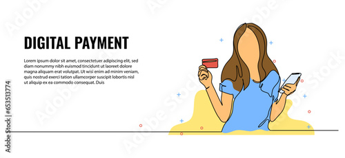 Vector illustration of female model holding a cell phone and a debit card. Modern flat in continuous line style.
