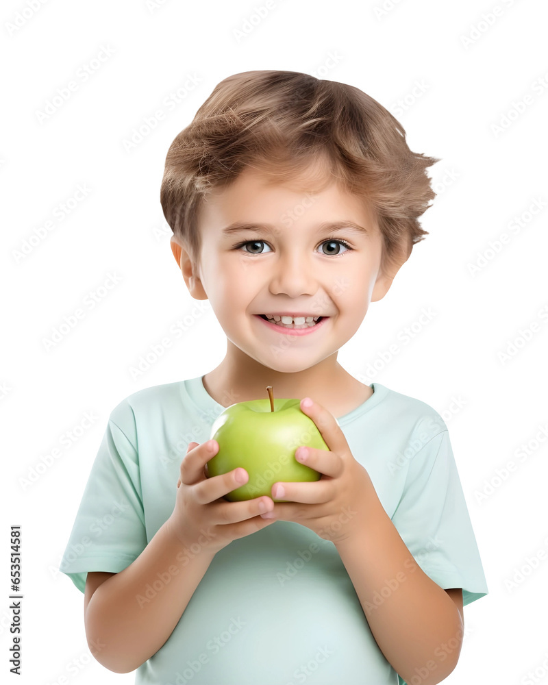 Small kid holding green apple (Cutout PNG) isolated on a transparent background, AI Small kid holding green apple (Cutout PNG) isolated on a transparent background, AI