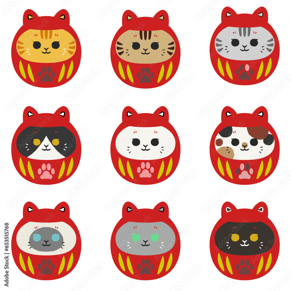 Fototapeta premium 色々な柄の猫の達磨イラストセット 