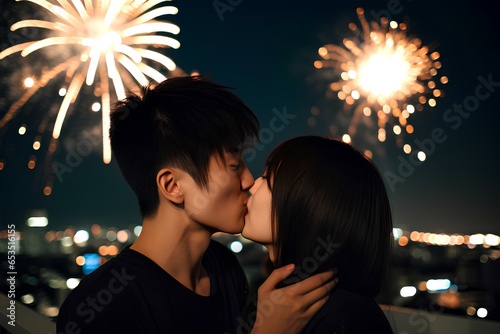花火の前でキスをするカップル