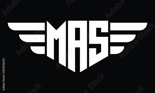 MAS three letter logo, creative wings shape logo design vector template. letter mark, word mark, monogram symbol on black & white.