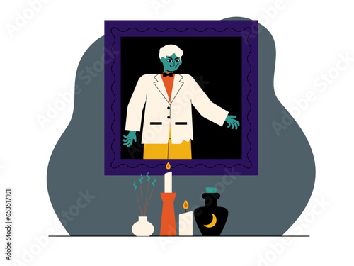 Spooky flat vector illustration. Spooky background with scary painting, candle and ash pot