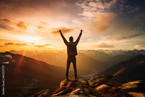 Man with arms up celebrating on top of the mountains - Hiker enjoying freedom on a hill at sunset - Freedom, sport, success and mental health concept © sam