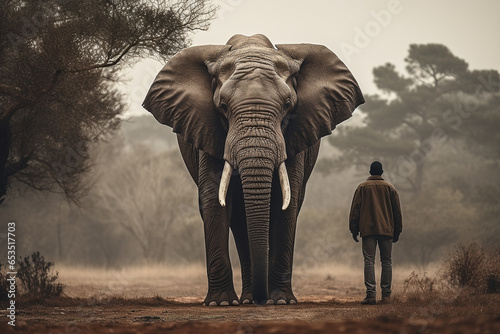 An elephant stands near a tree and a man - Generative AI © lilyl