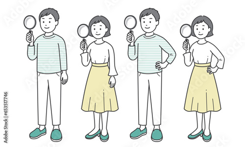 虫眼鏡を持つ成人男女 斜め