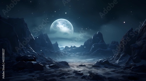 Man in sci-fi landscape with rock valley, Futuristic night landscape with island, moonlight dark neon circle. Concept Art Scenery. Book Illustration. Video Game Scene. Digital Painting.Generative AI.