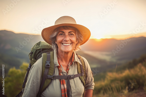 Active retired Hispanic woman hiking outdoors in mountains in summer