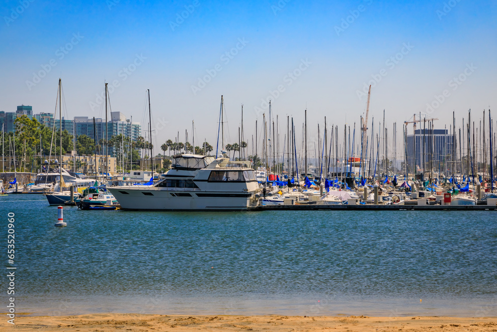 Luxury yachts and boats docked in the Marina Del Rey seaside community harbor in Los Angeles County, Southern California
