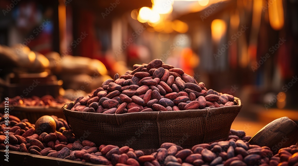 Cacao beans in a basket on a market in Bali, Indonesia