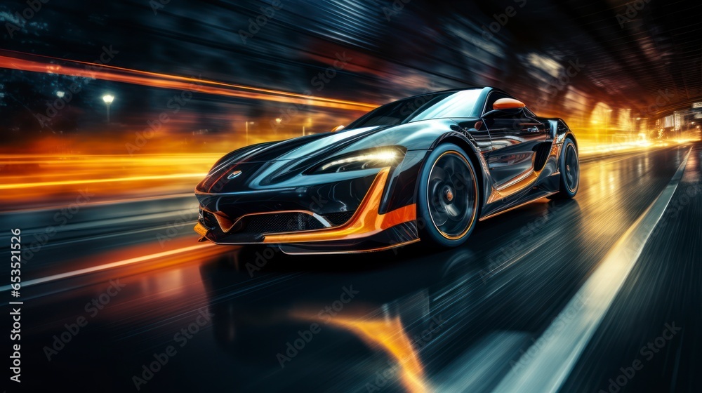 Photo of sports car accelerating on a neon highway. Powerful acceleration of a supercar on a night track with lights and tracks. Car lights at night, long exposure