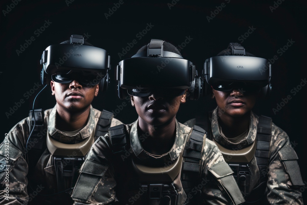 Photograph of a team of three soldiers. Military VR technology. Soldiers wearing goggles. Photograph of a team of three soldiers. Military VR technology. Soldiers wearing goggles.