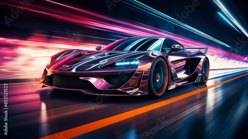 Photo of sports car accelerating on a neon highway. Powerful acceleration of a supercar on a night track with lights and tracks. Car lights at night, long exposure © sirisakboakaew