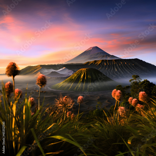 Mount bromo volcano (gunung bromo) during sunrise from viewpoint on mount penanjakan photo