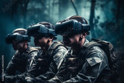 Photograph of a team of three soldiers. Military VR technology. Soldiers wearing goggles.