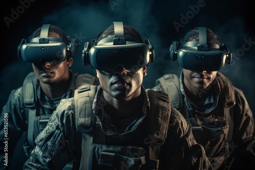 A team Israel of three soldiers. Military VR technology. Soldiers wearing goggles.